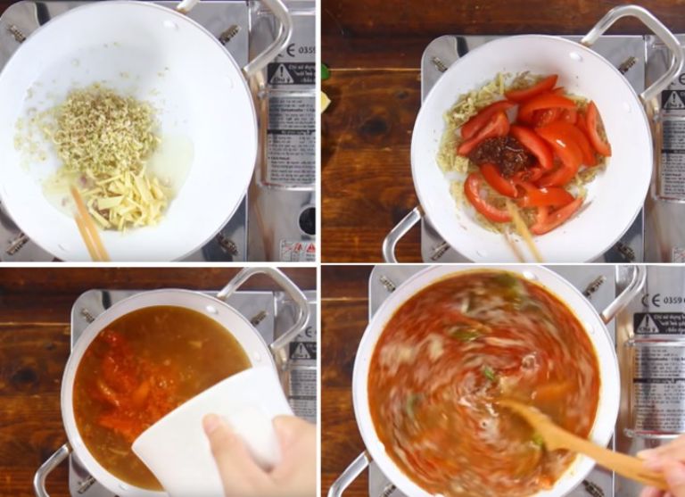 Nước dùng chua cay được nấu từ đầu tôm, cà chua và nước cốt me.