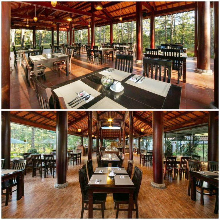 Nhà hàng Pines Hill nằm trên một ngọn đồi thông và có thiết kế mở, mang đến trải nghiệm ăn uống mới lạ giữa thiên nhiên cây cối. (Nguồn: Internet)
