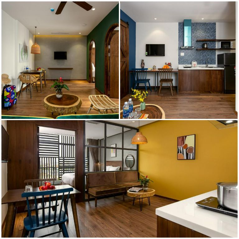 Không gian phòng rộng rãi với đầy đủ bếp, bàn ăn và ghế sofa. (Nguồn: Internet)