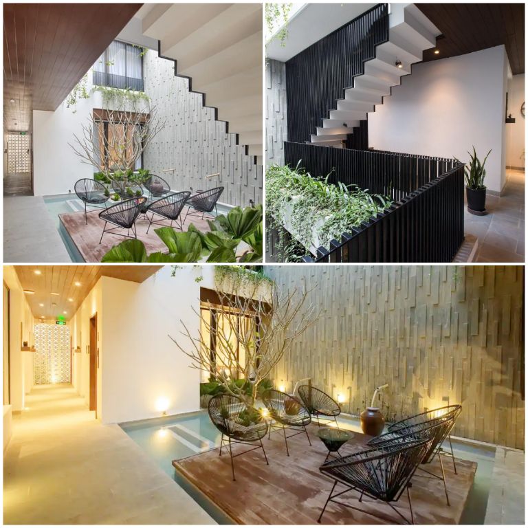 Khu vực ngồi ngoài trời cực chill với xung quanh là ao nhỏ và các chậu cây xanh. (Nguồn: Internet)