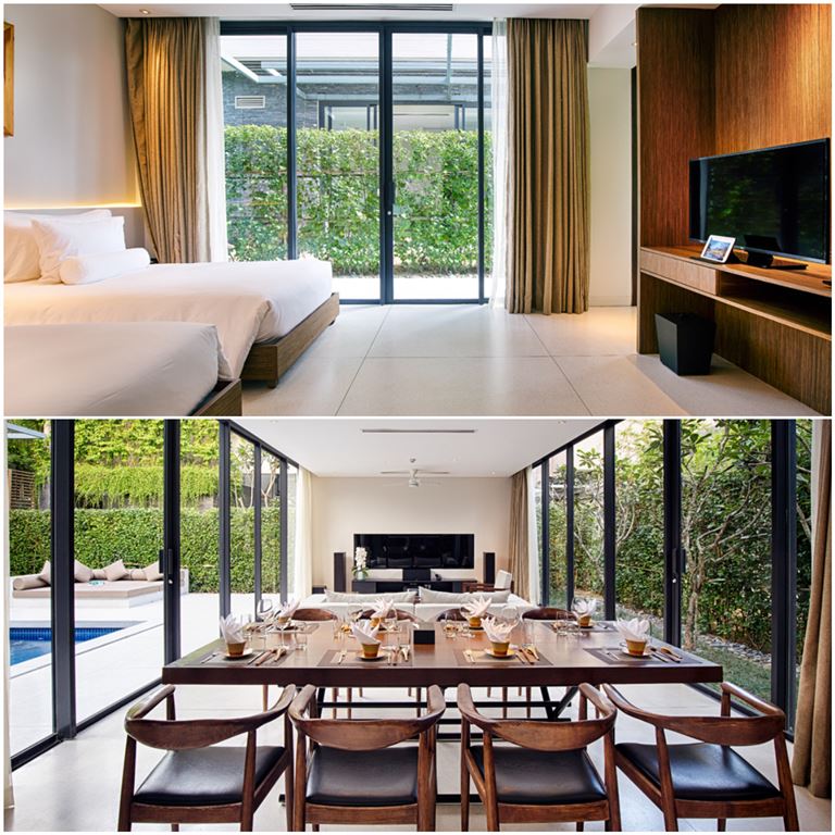 Garden Pool Villa sở hữu tiện nghi phòng khách hiện đại và phòng bếp, phòng ăn đầy đủ trang thiết bị hiện đại. 