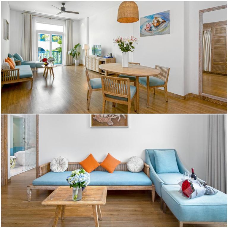 Santorin Suite sở hữu ban công riêng và khu vực ăn uống, ban công ngắm cảnh hồ bơi và thành phố siêu chill. 