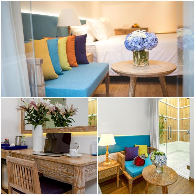 Phòng Superior mang đậm phong cách kiến trúc của Hy Lạp, tone màu chủ đạo là xanh, trắng và nhiều gam màu tươi sáng khác. 