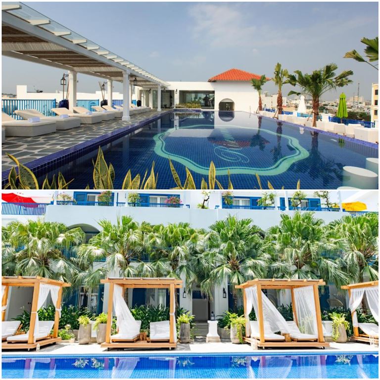 Bể bơi tầng thượng sở hữu tầm nhìn cực chill ra bán đảo Sơn Trà, thành phố và nũi Ngũ Hành Sơn. 