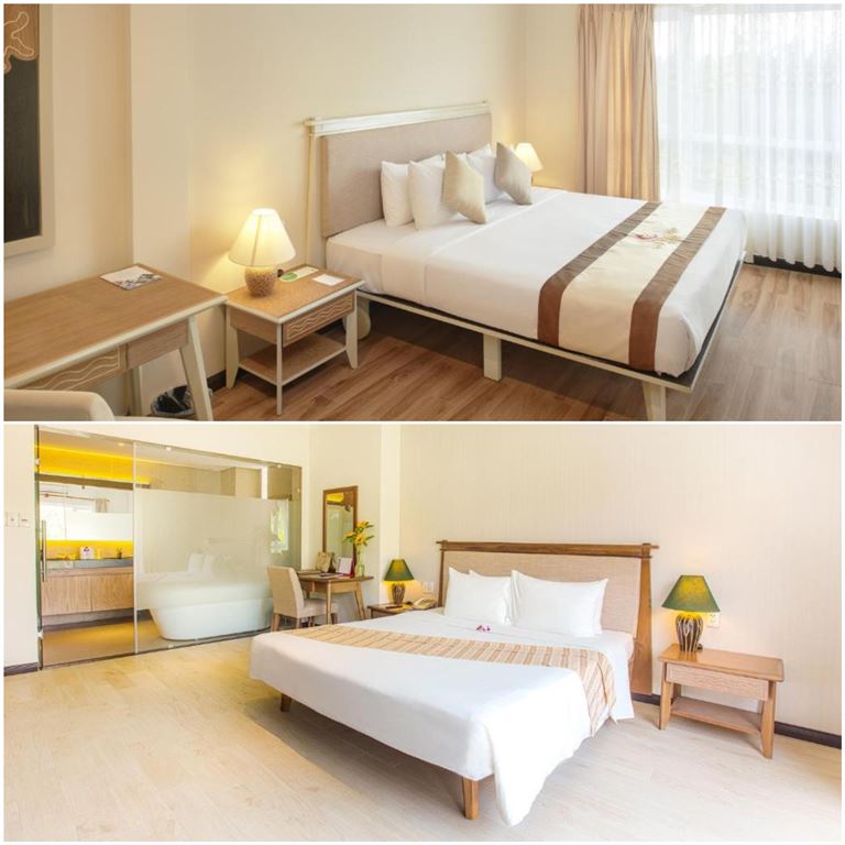 Deluxe Garden View sở hữu một phòng khách riêng biệt hướng vườn và nhà tắm khép kín trang bị bồn tắm, vòi sen. 