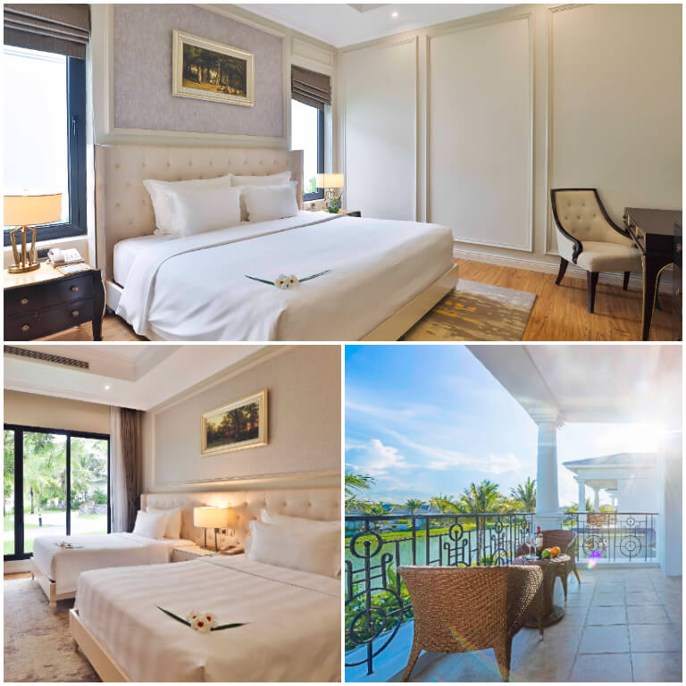 Phòng ngủ rộng lớn có một ban công với view nhìn ra hồ nước bao quanh của resort.