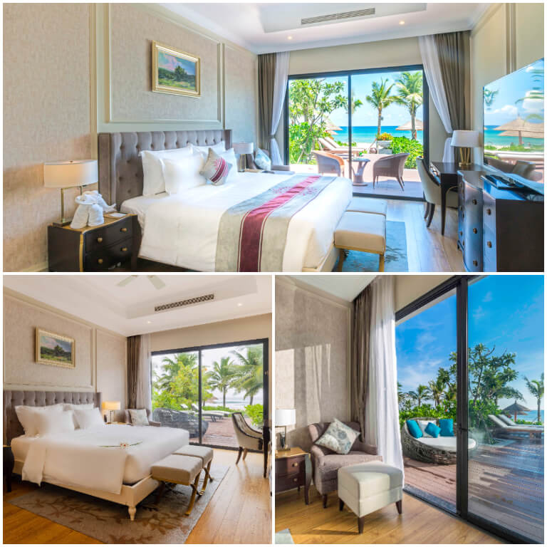 Phòng ngủ được thiết kế với không gian mở nhìn ra khu vườn rộng khiến cho căn phòng trở nên thoãng đáng và rộng rãi. 