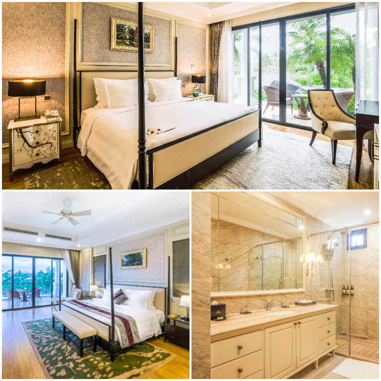 Phòng ngủ tại biệt thự 2 phòng ngủ hướng vườn sử dụng tông màu trắng, nâu, be là gam màu chính trong thiết kế.